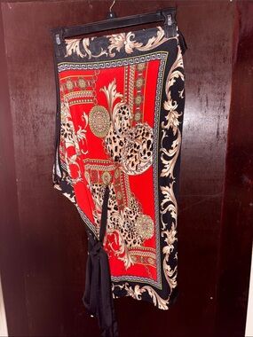 Red and Black Baroque Print Wrap Shirt
